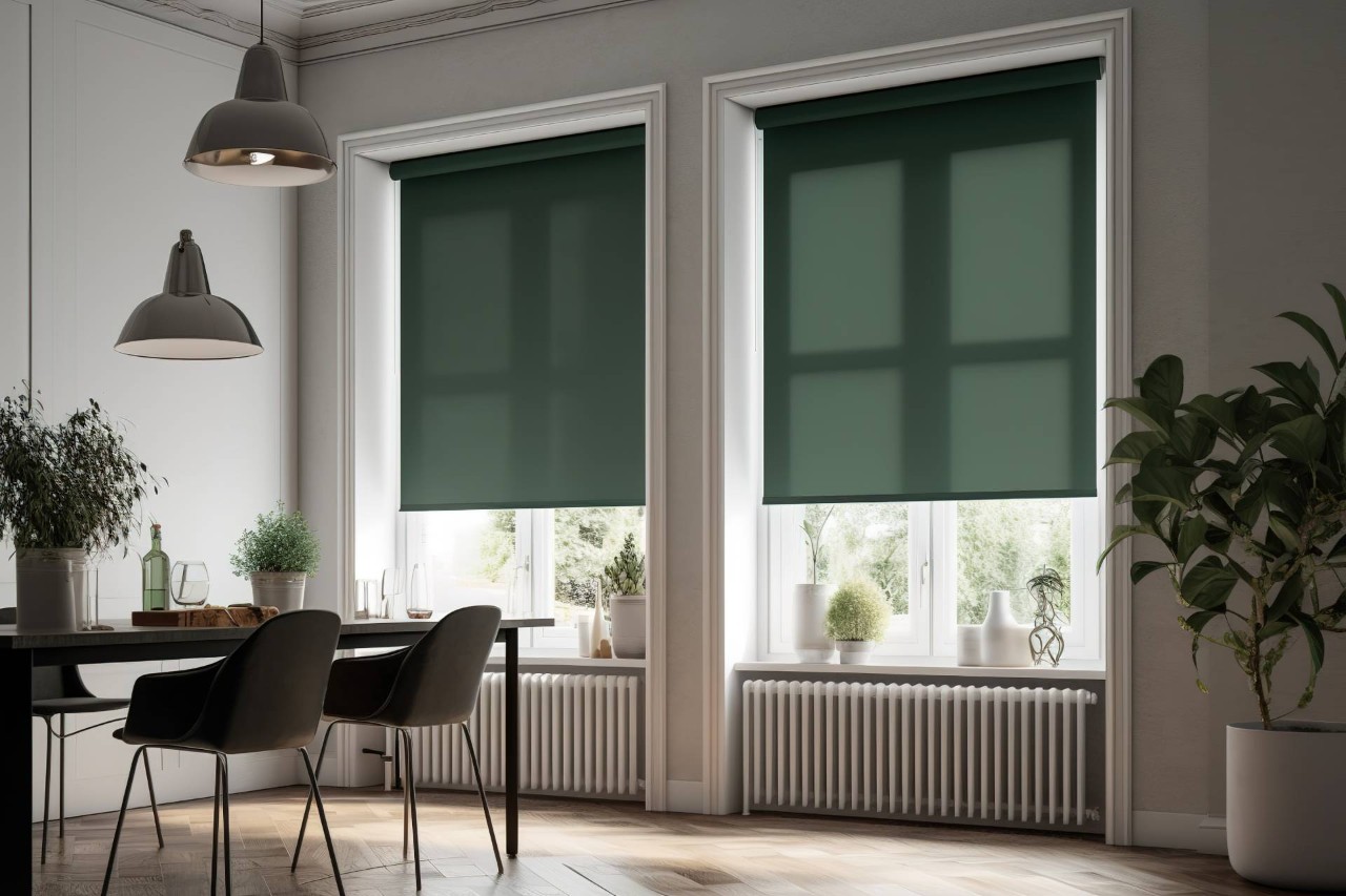 Green roller shades in a dining room with table and chairs at Custom Window Coverings near Temecula, CA